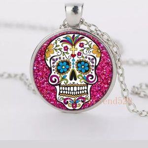 Pink Sugar Skull Silver and Glass Necklace